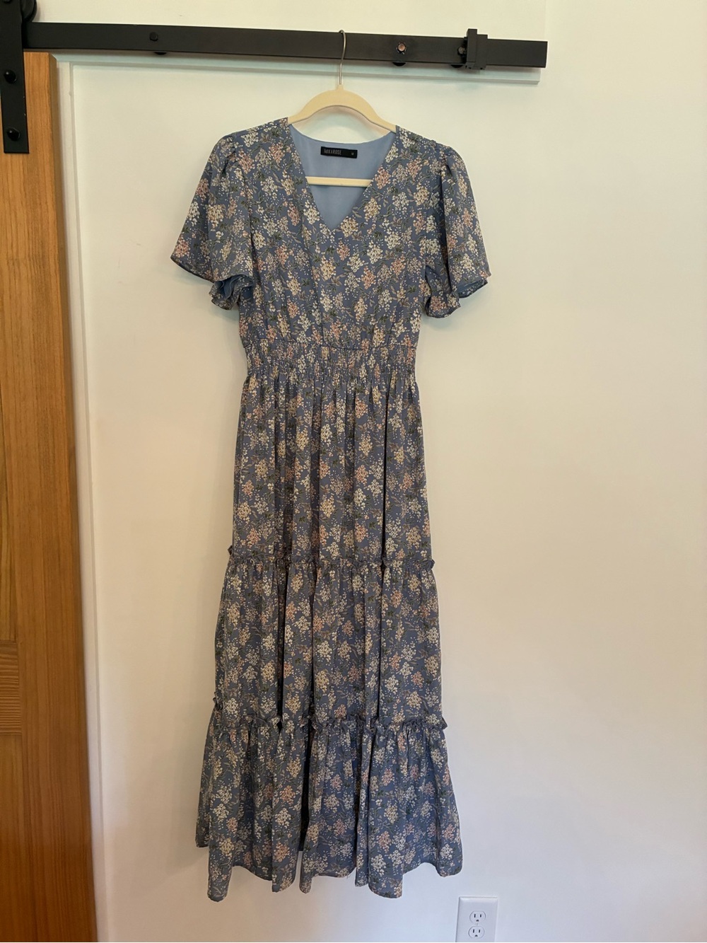 Mikarose Blue Floral V‑Neck Tiered Maxi Dress